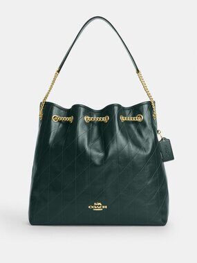 Coach Outlet Evelyn Large Shoulder Bag With Quilting Dark Teal Gold NWT